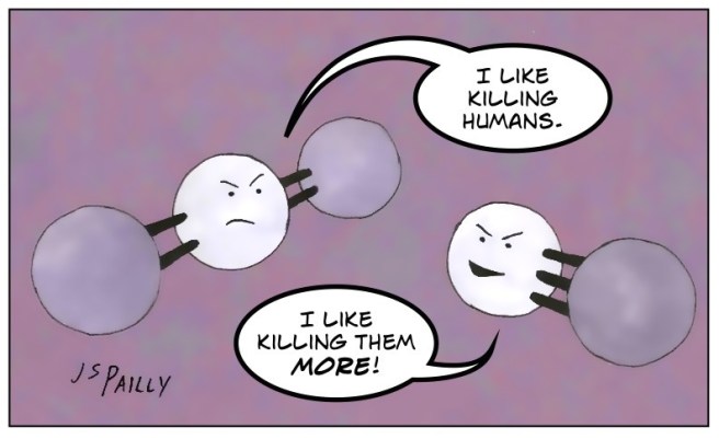 A common conversation between CO2 (on the left) and CO (on the right).