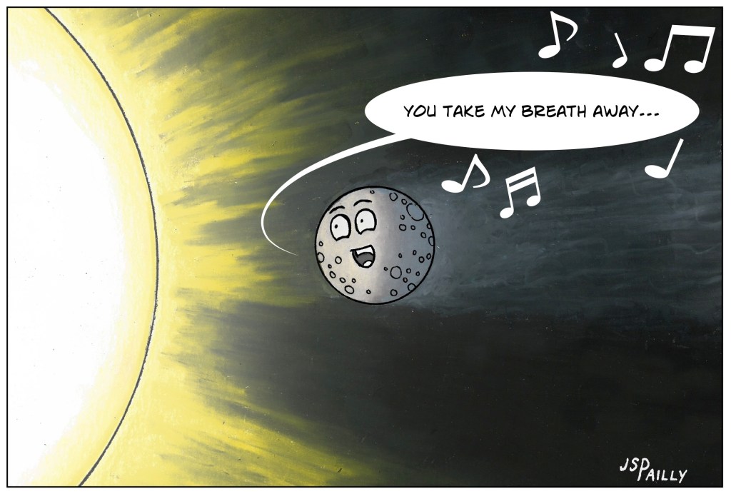Cartoon image of Mercury, singing "You Take My Breath Away" to the Sun, while Mercury's atmospheric gasses blow off into space as a comet-like tail.